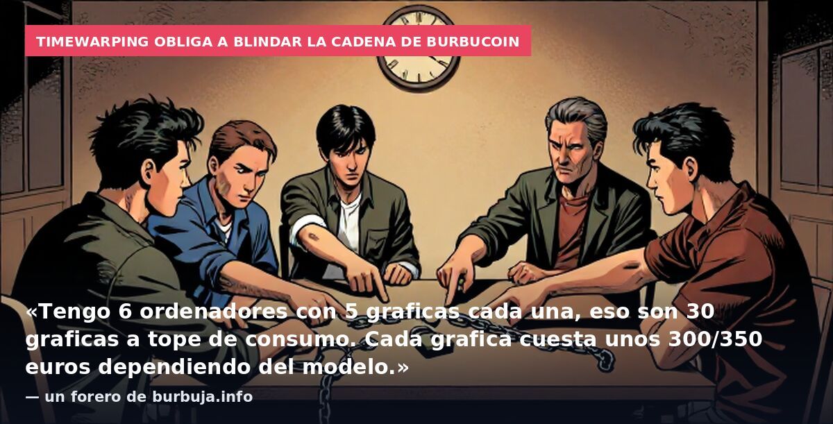 Timewarping obliga a blindar la cadena de Burbucoin: «Tengo 6 ordenadores con 5 graficas cada una, eso son 30 graficas a tope de consumo. Cada grafica cuesta unos 300/350 euros dependiendo del modelo.» — un forero de burbuja.info