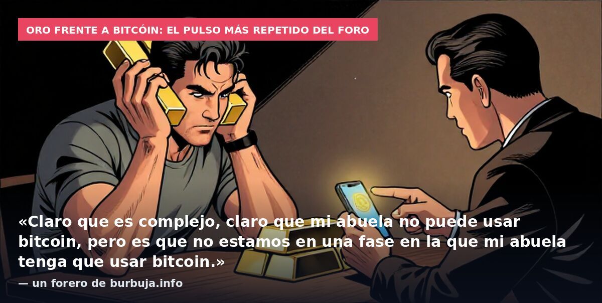 Oro frente a bitcóin: el pulso más repetido del foro: «Claro que es complejo, claro que mi abuela no puede usar bitcoin, pero es que no estamos en una fase en la que mi abuela tenga que usar bitcoin.» — un forero de burbuja.info