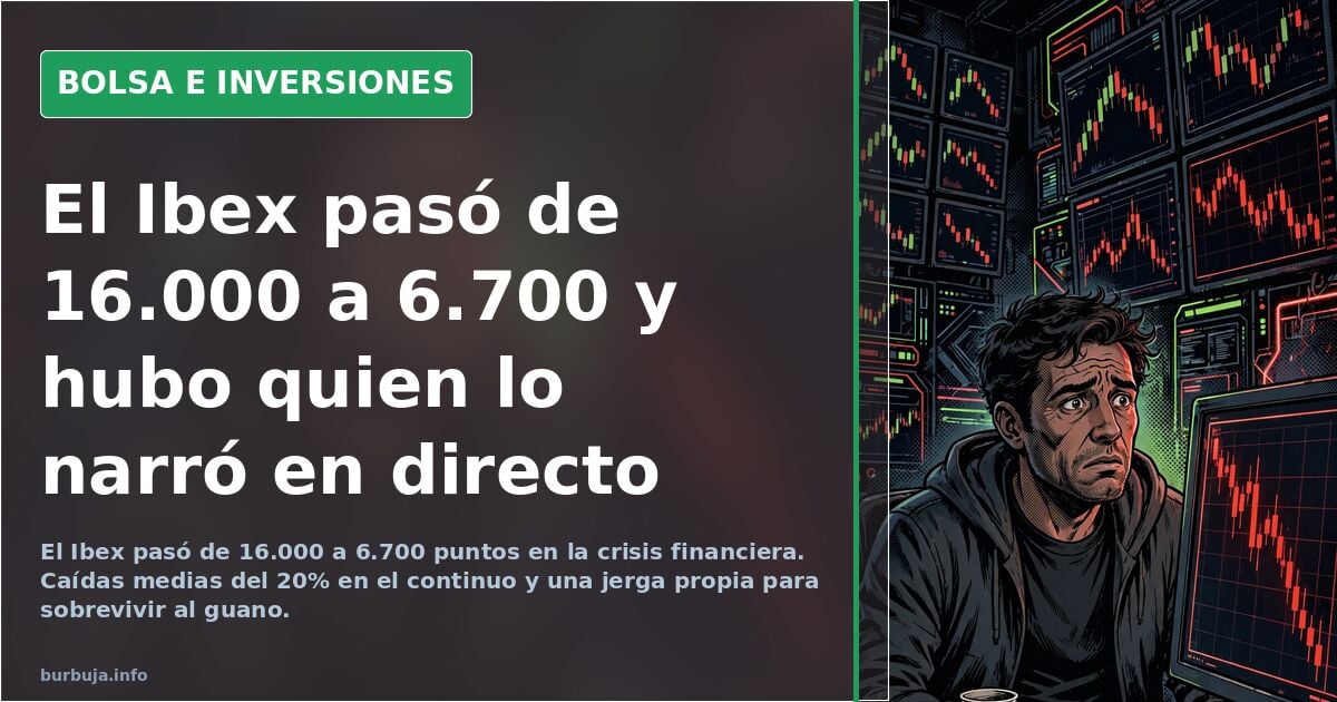 Gráfico de velas del Ibex 35 con caídas en rojo y datos macroeconómicos superpuestos