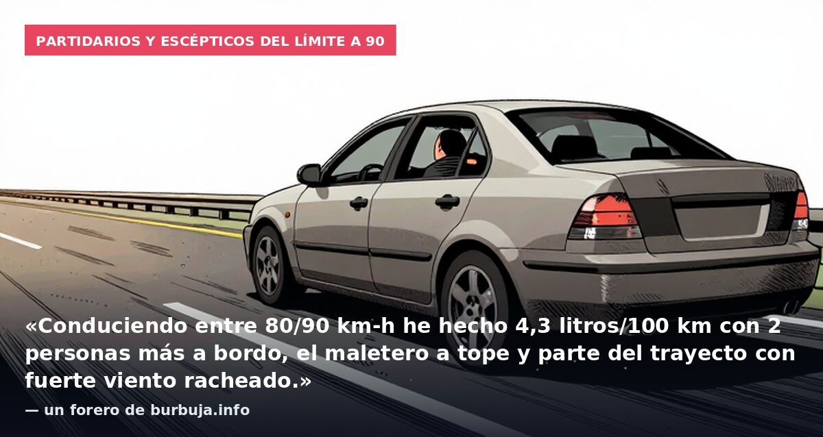 Partidarios y escépticos del límite a 90: «Conduciendo entre 80/90 km-h he hecho 4,3 litros/100 km con 2 personas más a bordo, el maletero a tope y parte del trayecto con fuerte viento racheado.» — un forero de burbuja.info