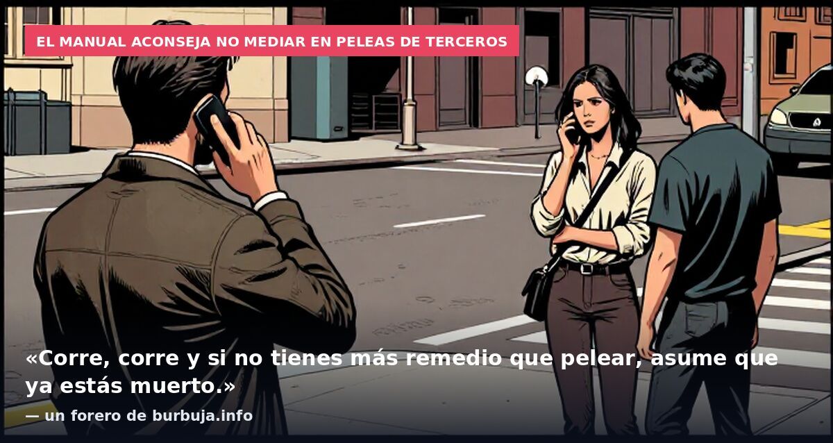 El manual aconseja no mediar en peleas de terceros: «Corre, corre y si no tienes más remedio que pelear, asume que ya estás muerto.» — un forero de burbuja.info