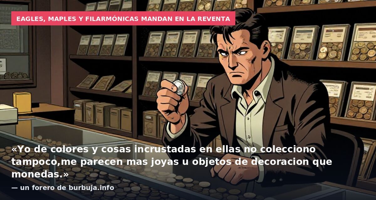 Eagles, maples y filarmónicas mandan en la reventa: «Yo de colores y cosas incrustadas en ellas no colecciono tampoco,me parecen mas joyas u objetos de decoracion que monedas.» — un forero de burbuja.info