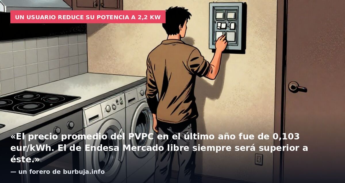 Un usuario reduce su potencia a 2,2 kW: «El precio promedio del PVPC en el último año fue de 0,103 eur/kWh. El de Endesa Mercado libre siempre será superior a éste.» — un forero de burbuja.info