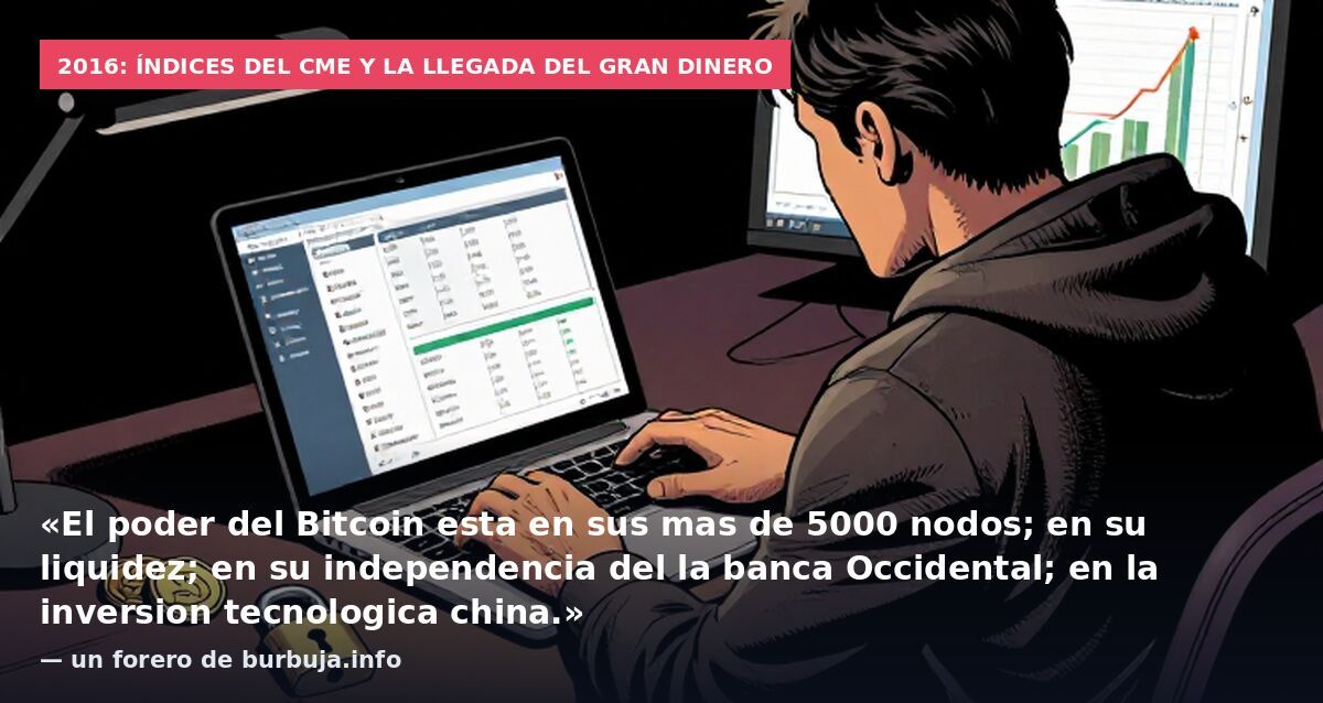 2016: índices del CME y la llegada del gran dinero: «El poder del Bitcoin esta en sus mas de 5000 nodos; en su liquidez; en su independencia del la banca Occidental; en la inversion tecnologica china.» — un forero de burbuja.info