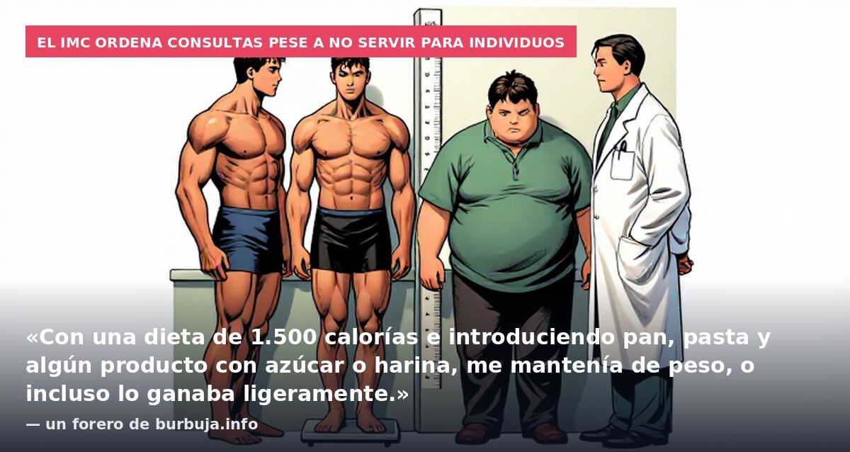 El IMC ordena consultas pese a no servir para individuos: «Con una dieta de 1.500 calorías e introduciendo pan, pasta y algún producto con azúcar o harina, me mantenía de peso, o incluso lo ganaba ligeramente.» — un forero de burbuja.info