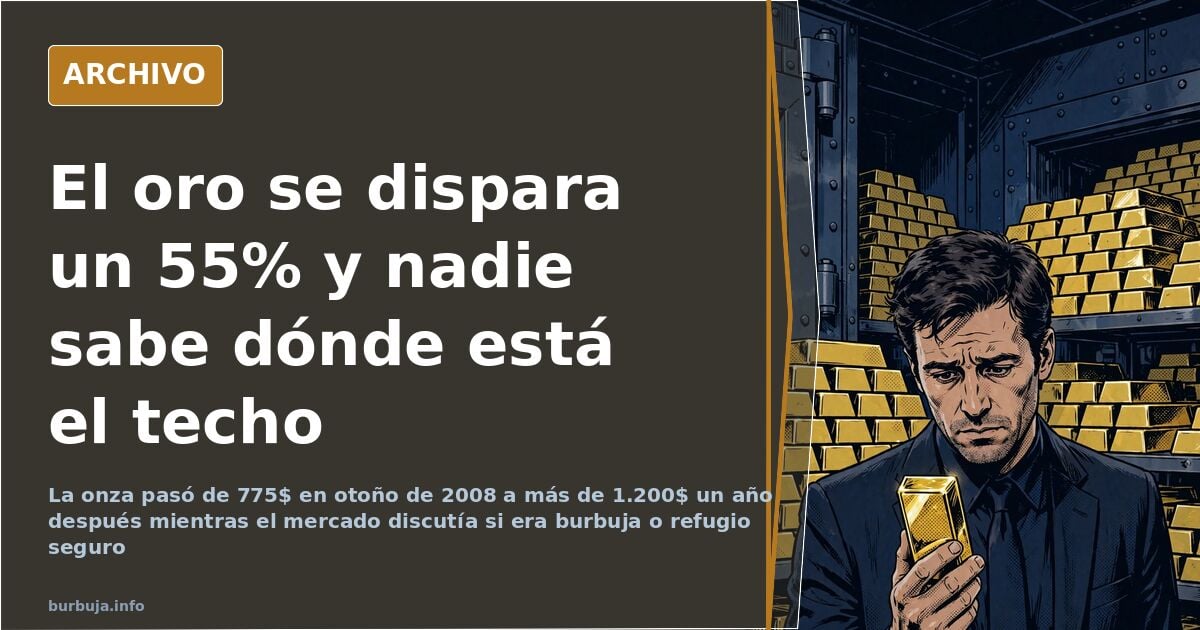 Gráfico de la cotización de la onza de oro entre 775 y 1.200 dólares sobre fondo azul marino y dorado