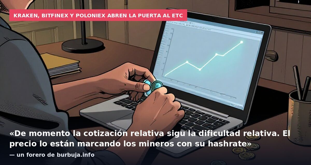 Kraken, Bitfinex y Poloniex abren la puerta al ETC: «De momento la cotización relativa sigu la dificultad relativa. El precio lo están marcando los mineros con su hashrate» — un forero de burbuja.info