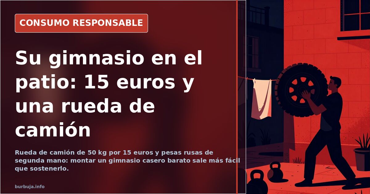 Patio con material de gimnasio casero barato: rueda de camión, mazo y pesas rusas de segunda mano sobre el suelo