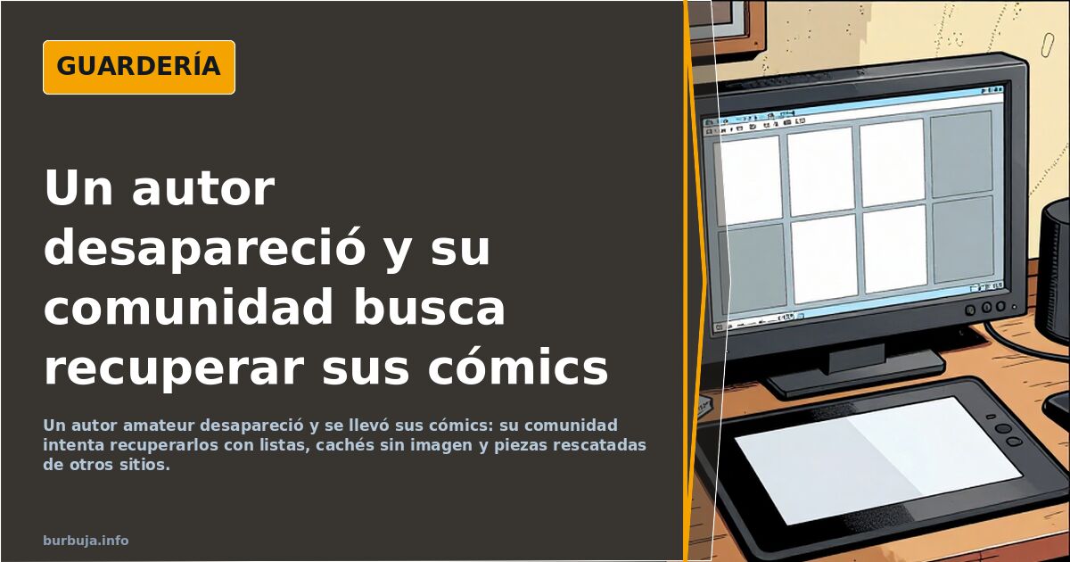 Ilustración de viñetas de cómic antiguas dispersas y una pantalla con imágenes desaparecidas, símbolo de la recopilación de c