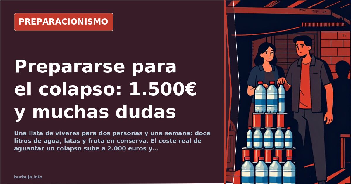 Cesta de emergencia con latas de conserva, agua embotellada, arroz, legumbres secas y aceite sobre una mesa de madera