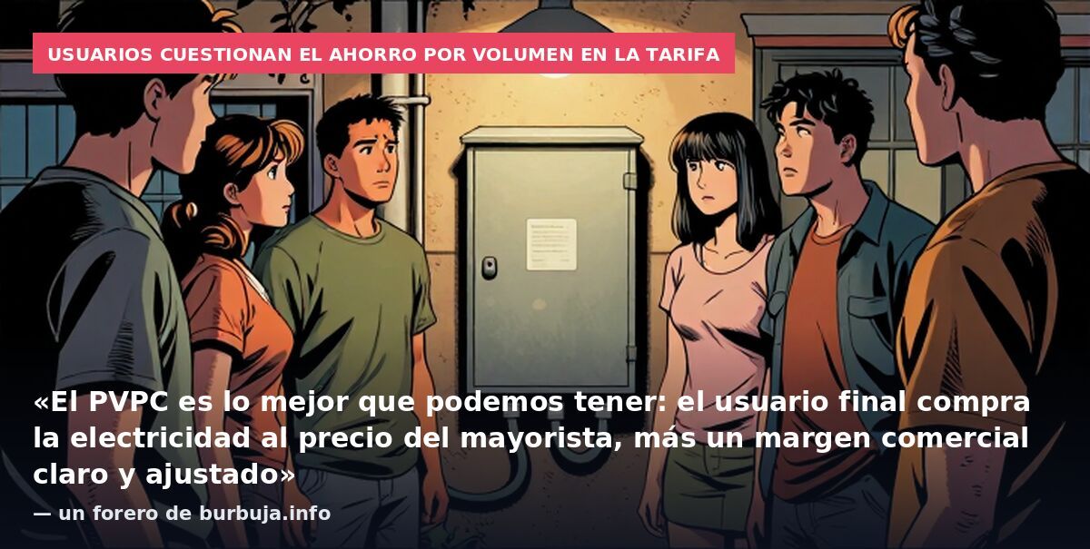 Usuarios cuestionan el ahorro por volumen en la tarifa: «El PVPC es lo mejor que podemos tener: el usuario final compra la electricidad al precio del mayorista, más un margen comercial claro y ajustado» — un forero de burbuja.info