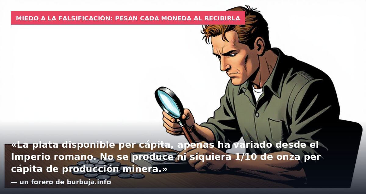 Miedo a la falsificación: pesan cada moneda al recibirla: «La plata disponible per cápita, apenas ha variado desde el Imperio romano. No se produce ni siquiera 1/10 de onza per cápita de producción minera.» — un forero de burbuja.info