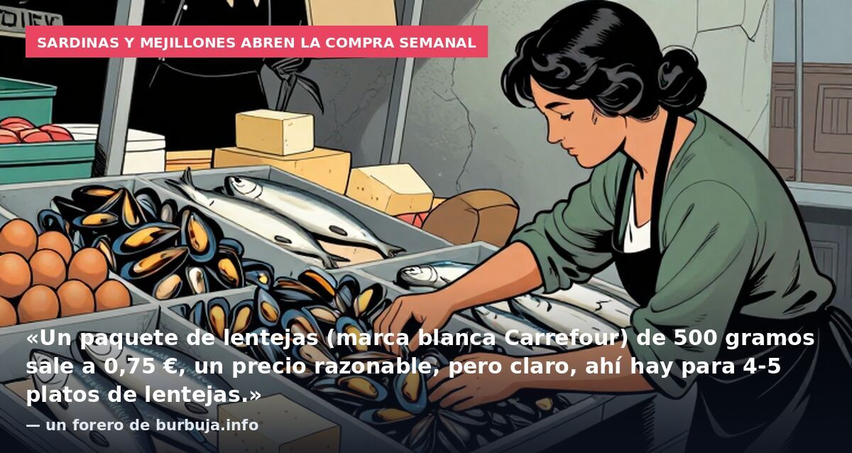 Sardinas y mejillones abren la compra semanal: «Un paquete de lentejas (marca blanca Carrefour) de 500 gramos sale a 0,75 €, un precio razonable, pero claro, ahí hay para 4-5 platos de lentejas.» — un forero de burbuja.info