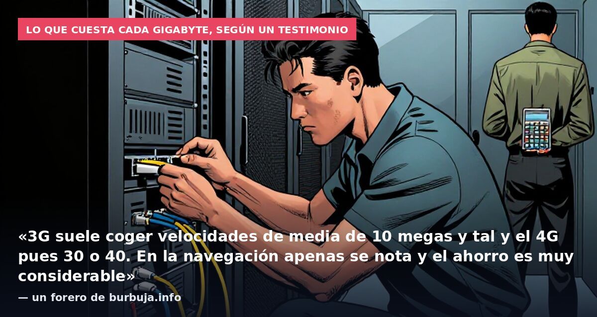 Lo que cuesta cada gigabyte, según un testimonio: «3G suele coger velocidades de media de 10 megas y tal y el 4G pues 30 o 40. En la navegación apenas se nota y el ahorro es muy considerable» — un forero de burbuja.info