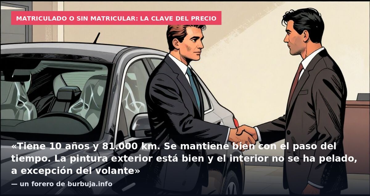Matriculado o sin matricular: la clave del precio: «Tiene 10 años y 81.000 km. Se mantiene bien con el paso del tiempo. La pintura exterior está bien y el interior no se ha pelado, a excepción del volante» — un forero de burbuja.info