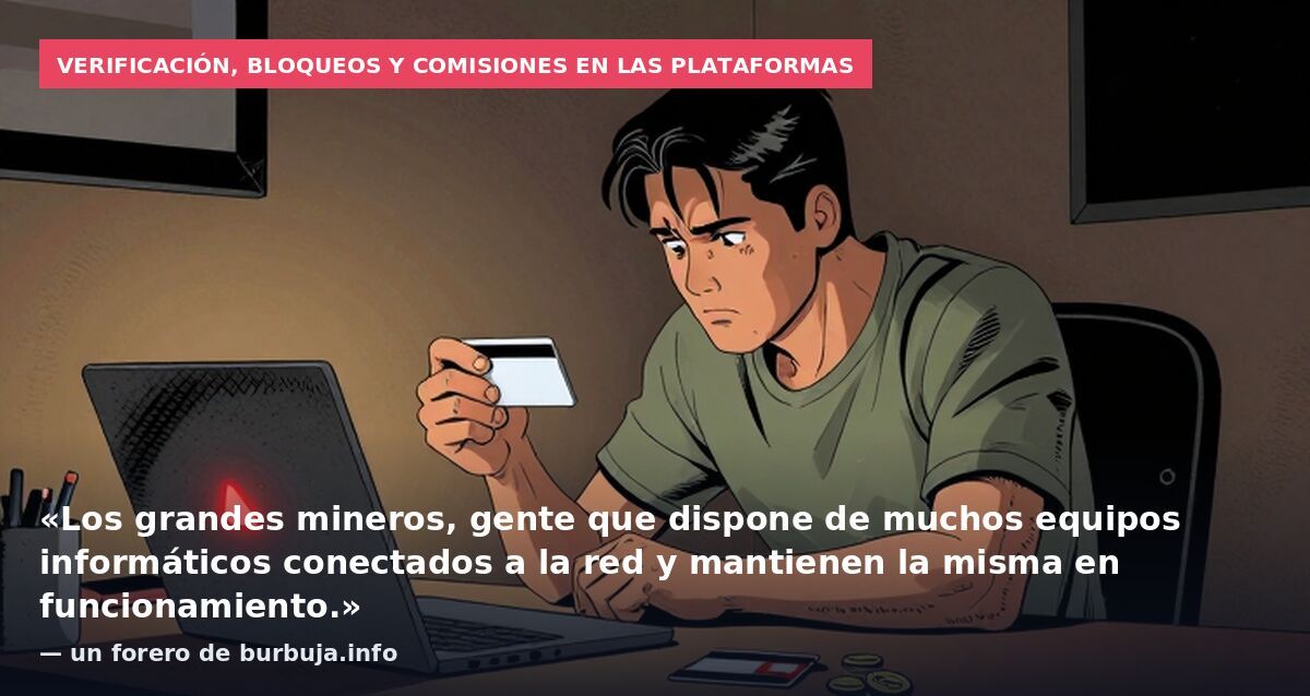Verificación, bloqueos y comisiones en las plataformas: «Los grandes mineros, gente que dispone de muchos equipos informáticos conectados a la red y mantienen la misma en funcionamiento.» — un forero de burbuja.info