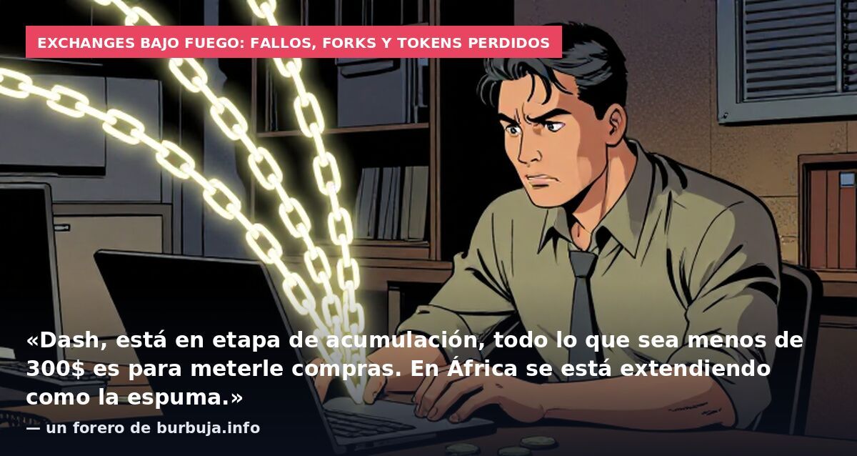 Exchanges bajo fuego: fallos, forks y tokens perdidos: «Dash, está en etapa de acumulación, todo lo que sea menos de 300$ es para meterle compras. En África se está extendiendo como la espuma.» — un forero de burbuja.info