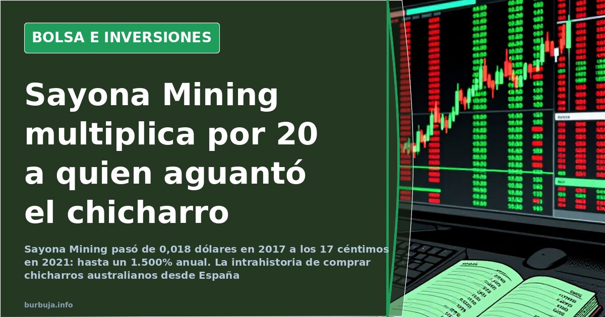 Gráfico de velas de Sayona Mining en terminal bursátil oscura con línea de subida desde un céntimo hasta 17 céntimos