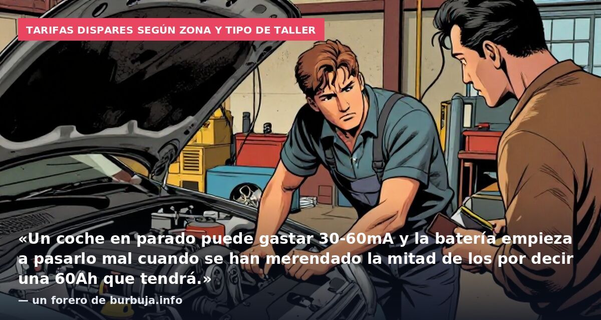 Tarifas dispares según zona y tipo de taller: «Un coche en parado puede gastar 30-60mA y la batería empieza a pasarlo mal cuando se han merendado la mitad de los por decir una 60Ah que tendrá.» — un forero de burbuja.info