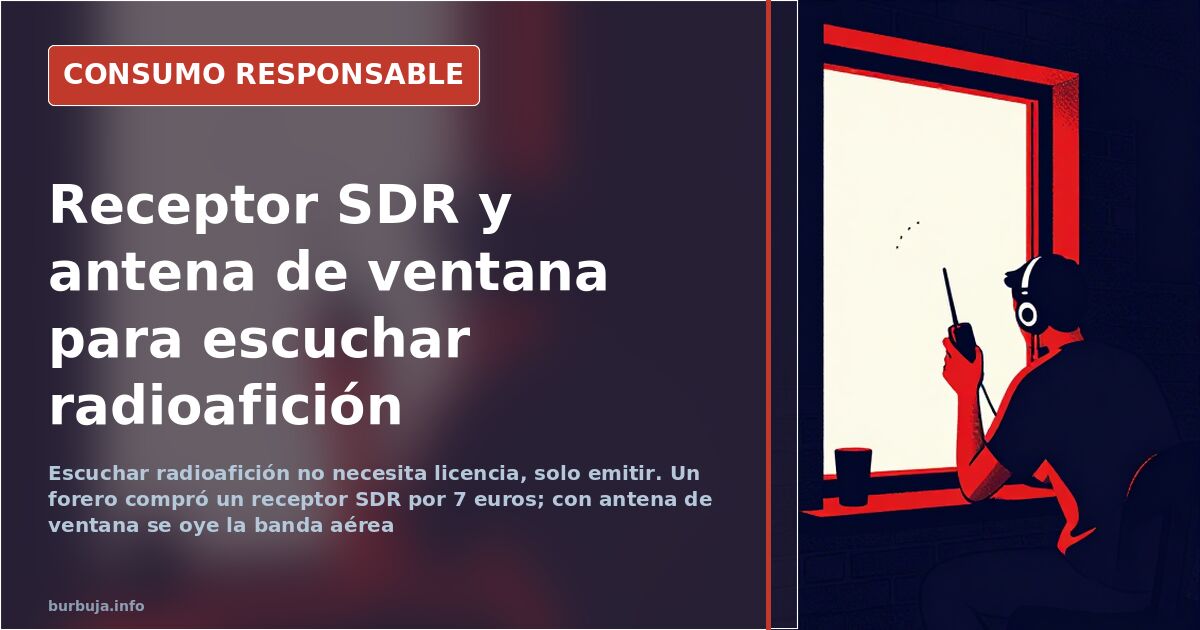 Receptor SDR USB conectado a un ordenador junto a una antena doméstica de radioafición colocada en una ventana