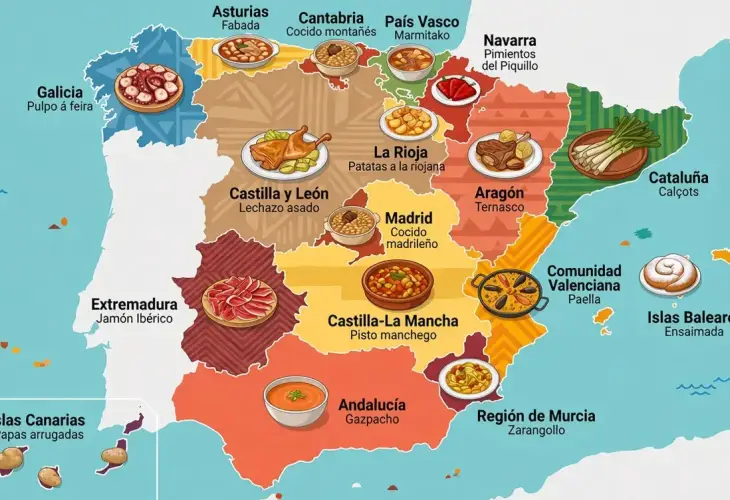 Tortilla de patata junto a un mapa autonómico del plato típico favorito según el estudio del CIS sobre gastronomía y turismo