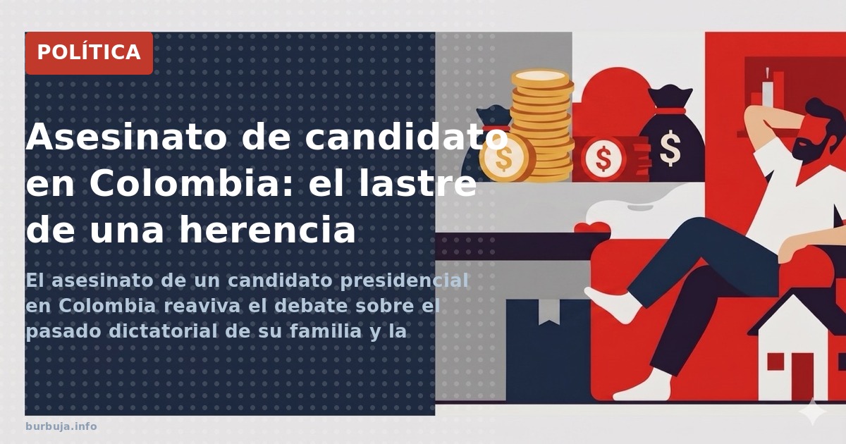 Ilustración editorial con la bandera de Colombia, un estrado judicial y la silueta de un senador asesinado