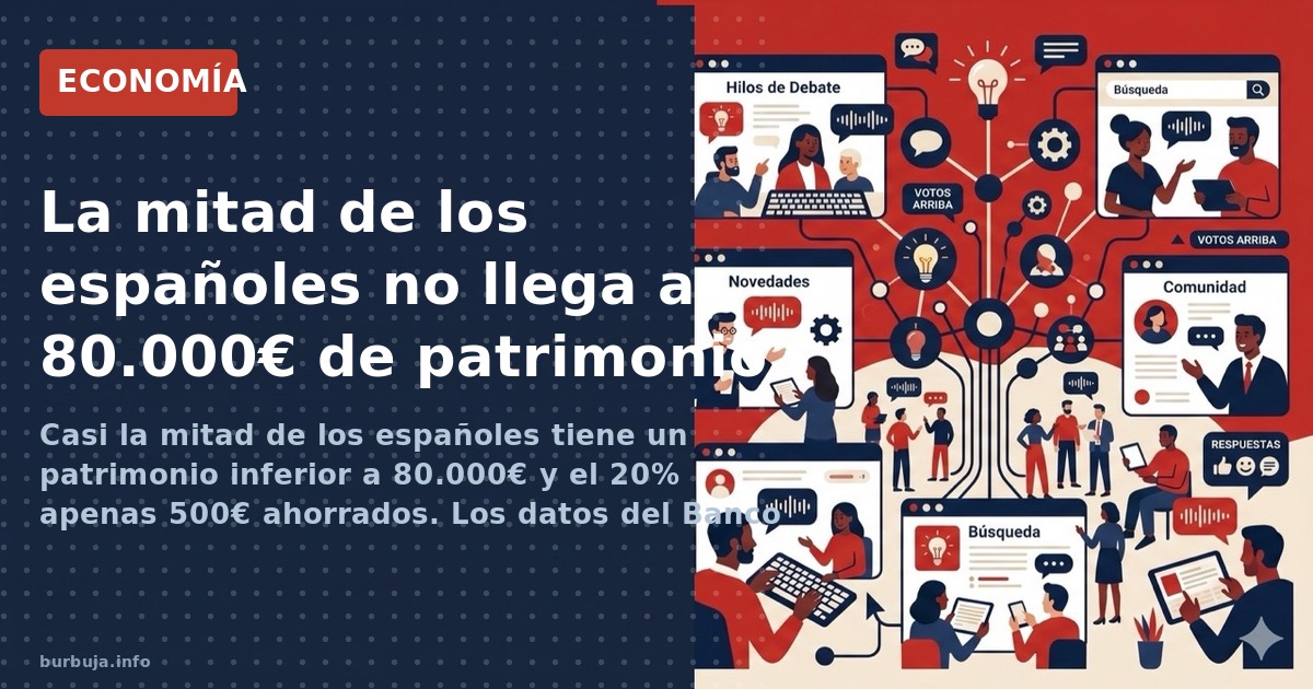 Ilustración editorial de una familia de clase media observando una gráfica descendente de ahorro y patrimonio neto en azul ma