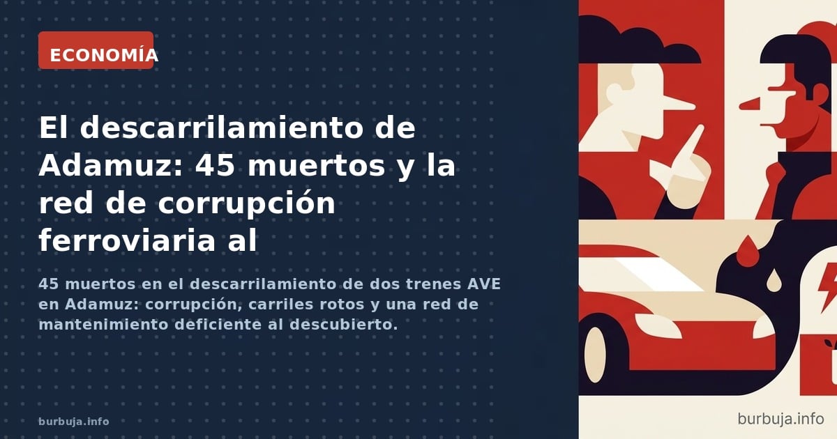 Ilustración editorial de dos trenes de alta velocidad descarrilados junto a una vía, con señales ferroviarias al fondo