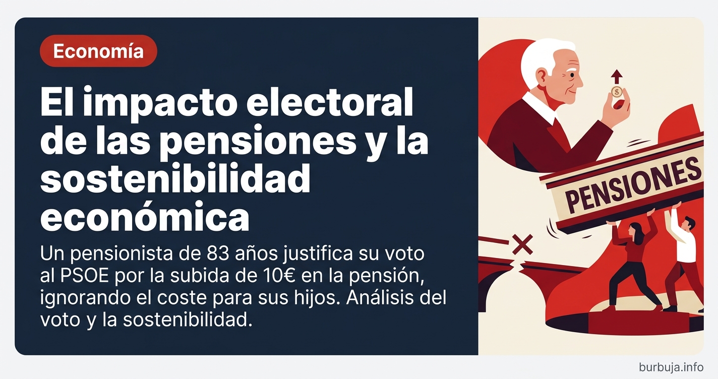 Un pensionista de 83 años justifica su voto al PSOE por la subida de 10€ en la pensión, ignorando el coste para sus hijos. An