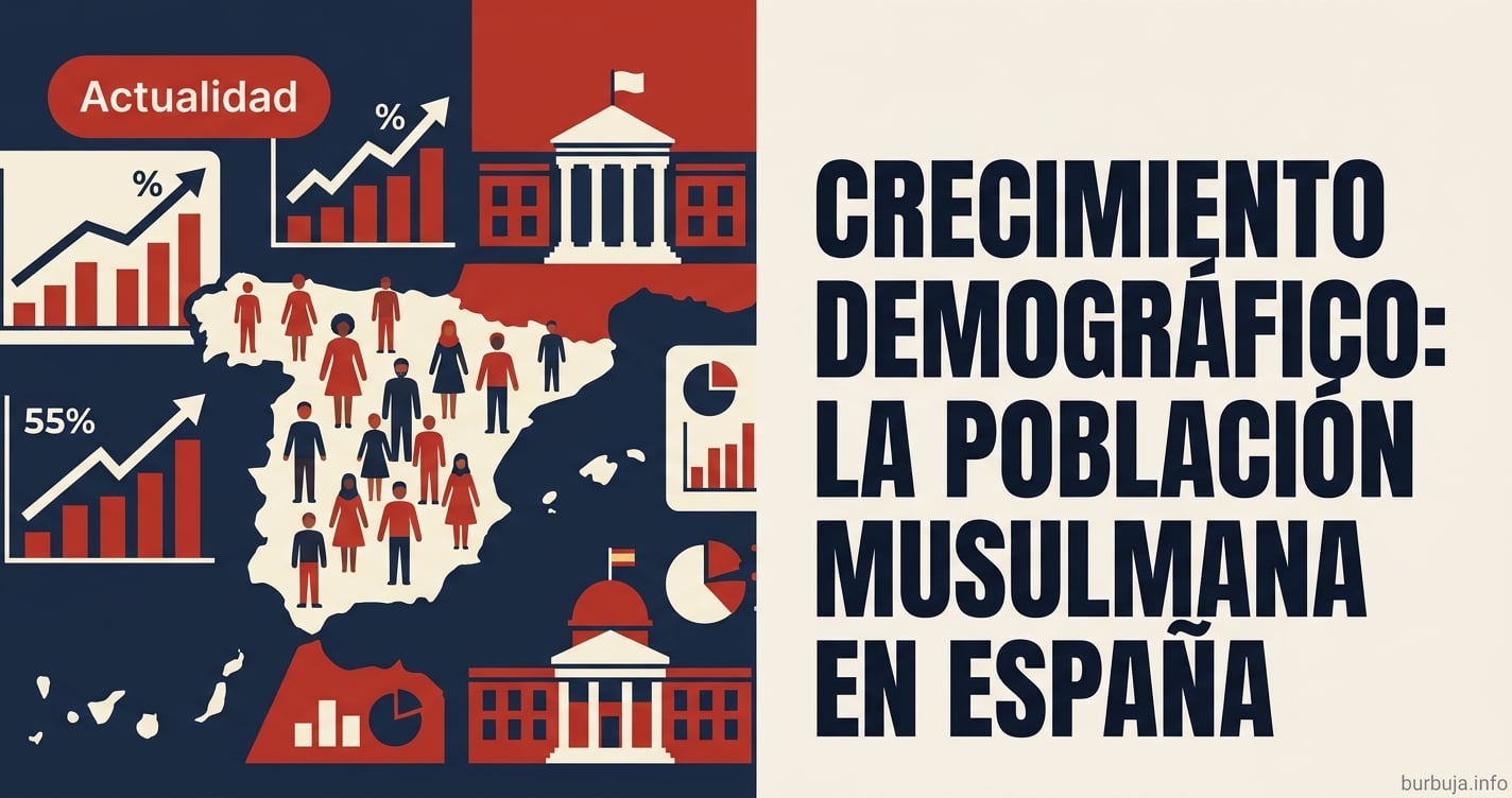 Mapa de España con densidad de población musulmana por provincias y el dato del 5% destacado sobre fondo de estadística