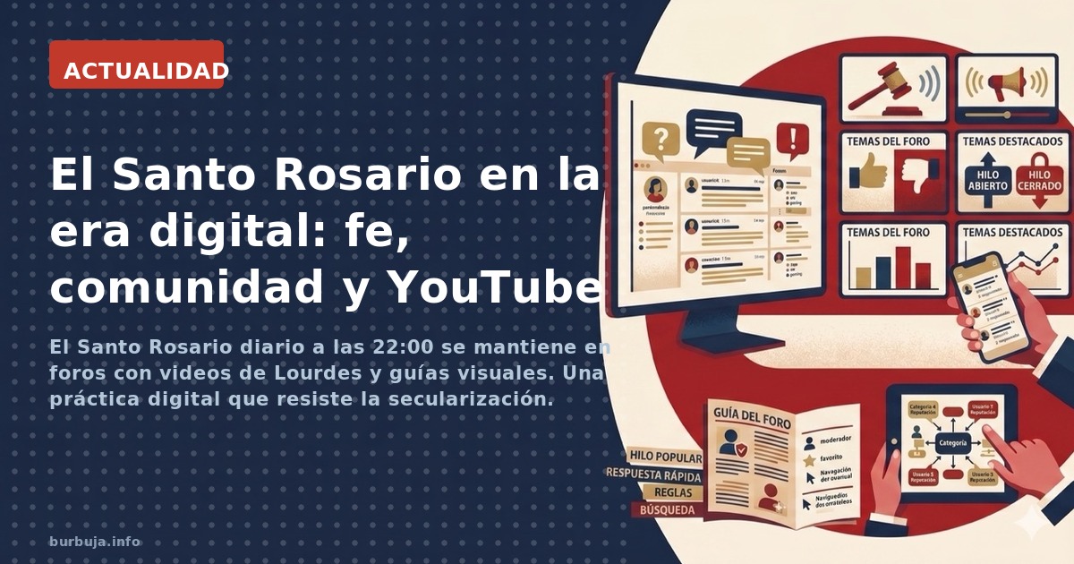 El Santo Rosario diario a las 22:00 se mantiene en foros con videos de Lourdes y guías visuales. Una práctica digital que res