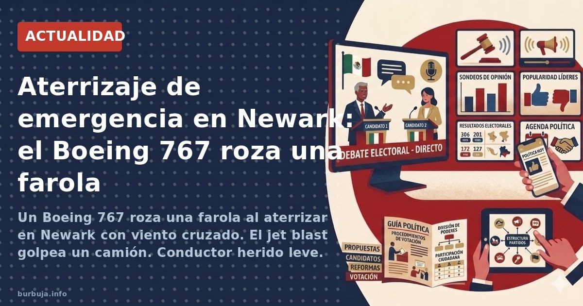 Un Boeing 767 roza una farola al aterrizar en Newark con viento cruzado. El jet blast golpea un camión. Conductor herido leve