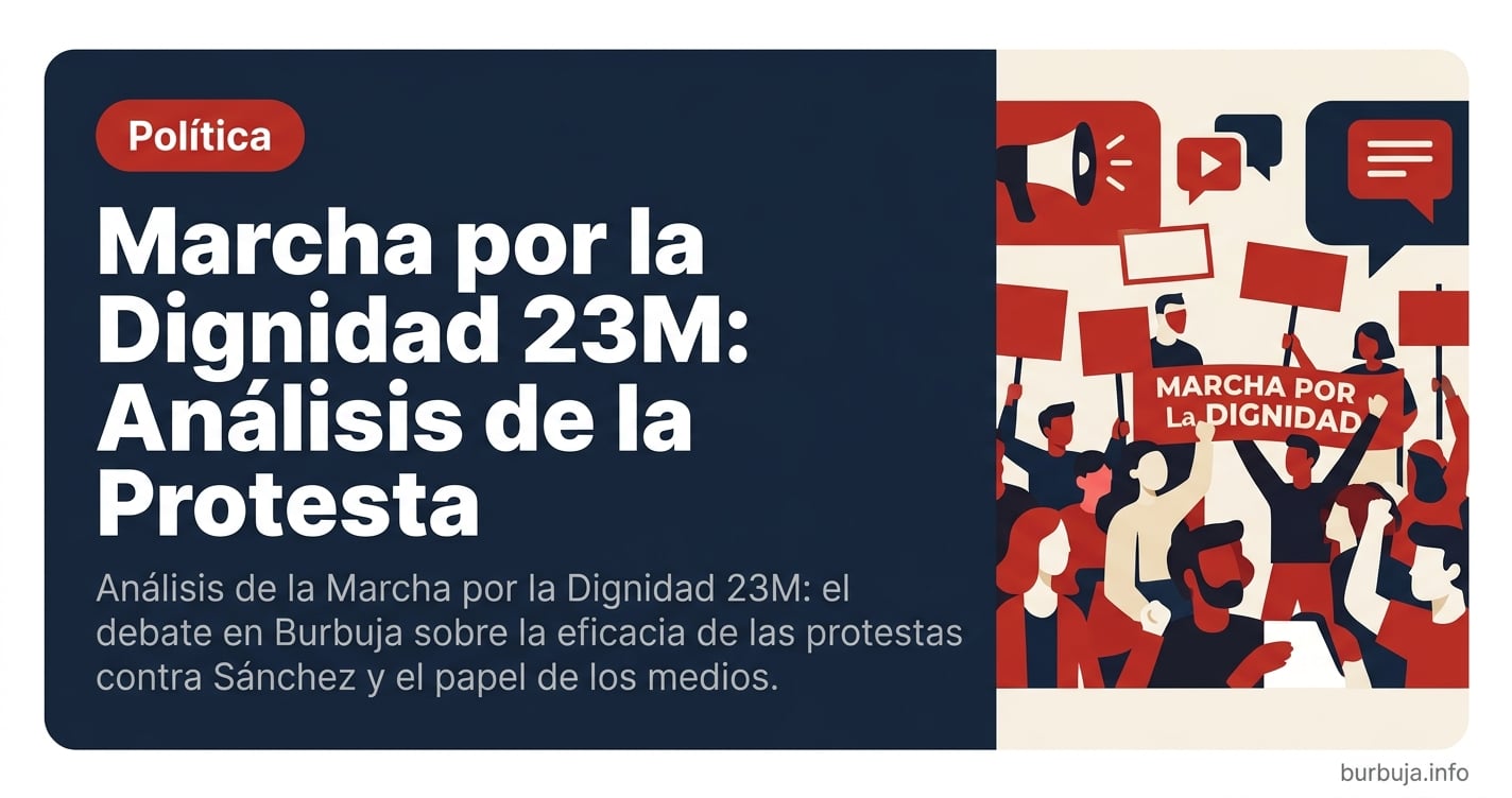 Ilustración editorial de una manifestación en Madrid con pancartas ante la Plaza de Cibeles durante la Marcha por la Dignidad
