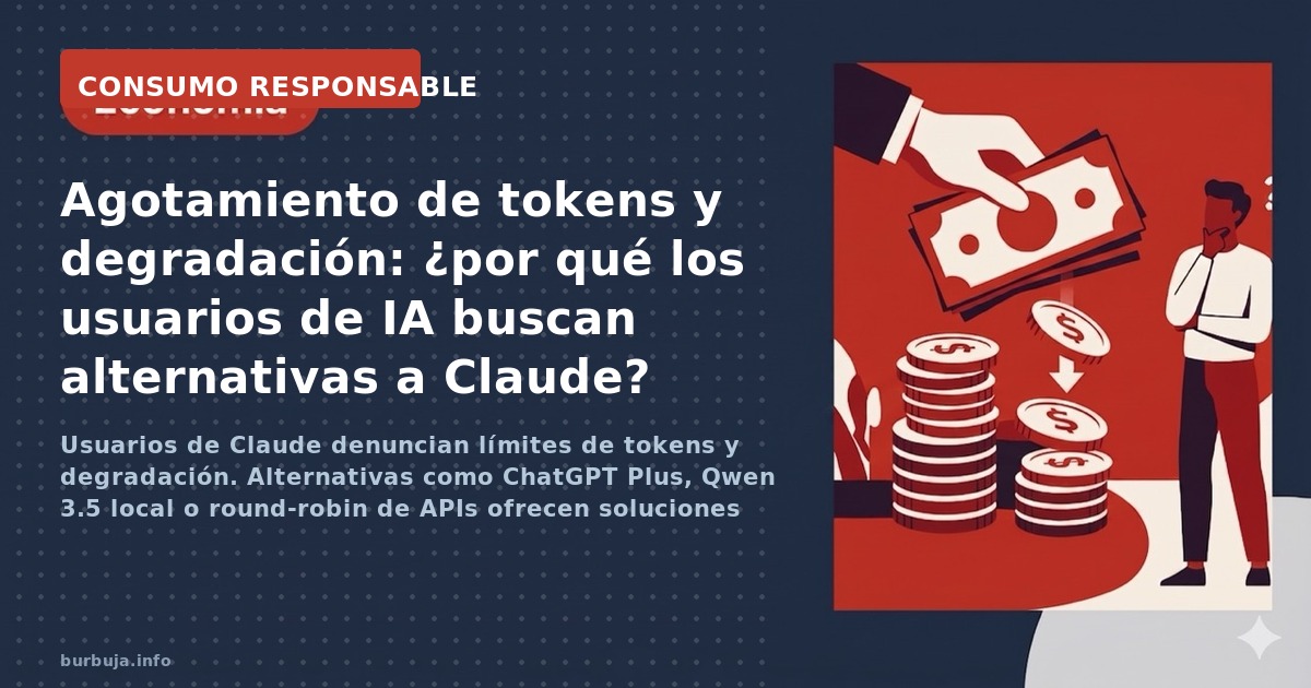 Usuarios de Claude denuncian límites de tokens y degradación. Alternativas como ChatGPT Plus, Qwen 3.5 local o round-robin de