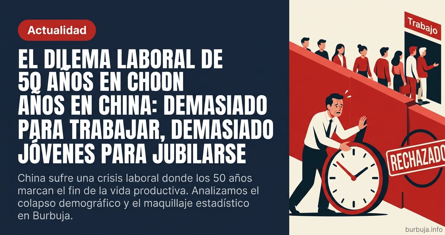 Trabajadores de mediana edad en una fábrica china con la producción parada y naves industriales vacías al fondo, ilustración 