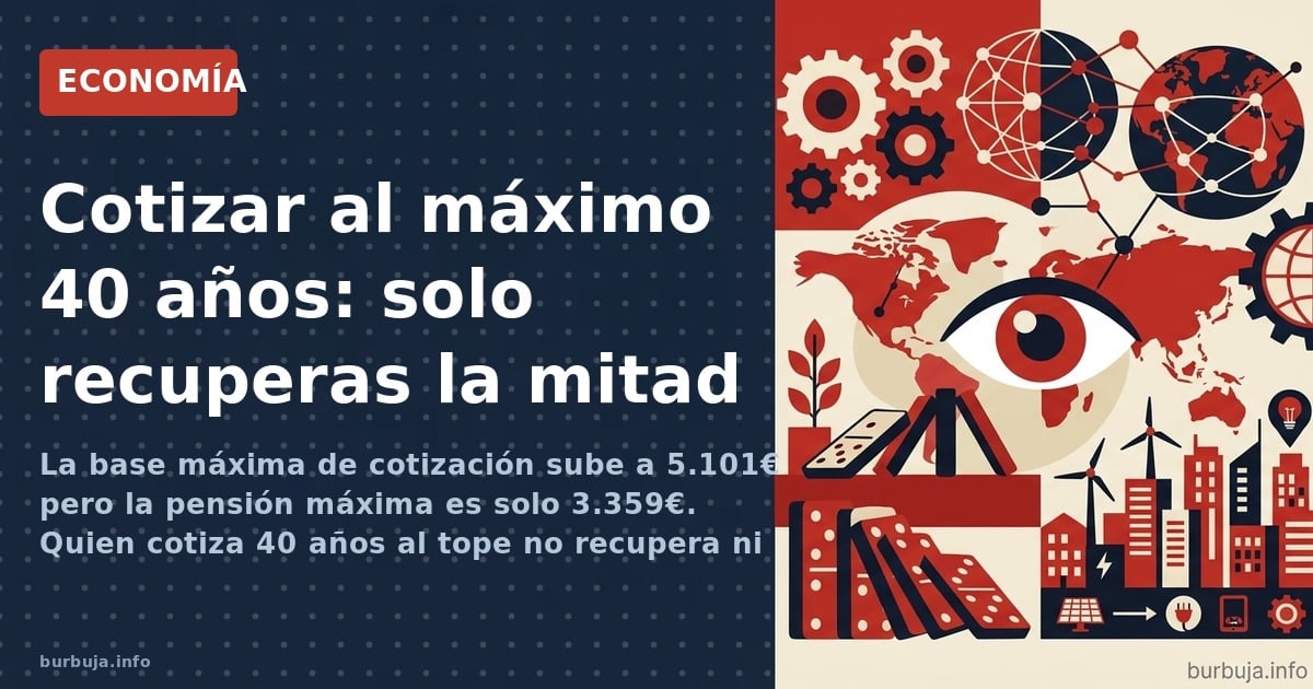 La base máxima de cotización sube a 5.101€ pero la pensión máxima es solo 3.359€. Quien cotiza 40 años al tope no recupera ni