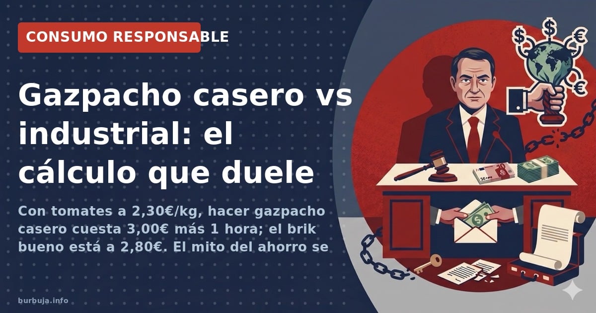 Con tomates a 2,30€/kg, hacer gazpacho casero cuesta 3,00€ más 1 hora; el brik bueno está a 2,80€. El mito del ahorro se desm