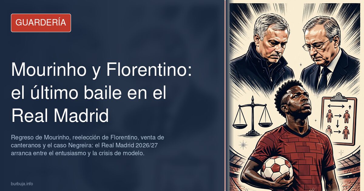Ilustración de un banquillo de fútbol con Mourinho en el Real Madrid 2026/27 y un directivo observando el último baile de Flo