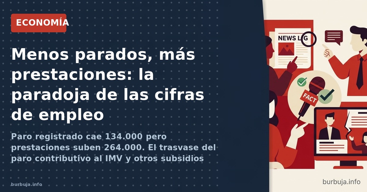 Paro registrado cae 134.000 pero prestaciones suben 264.000. El trasvase del paro contributivo al IMV y otros subsidios no co