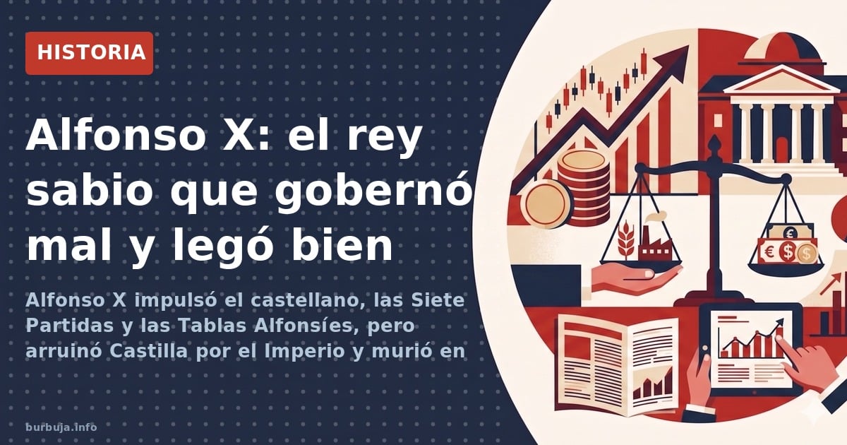Alfonso X impulsó el castellano, las Siete Partidas y las Tablas Alfonsíes, pero arruinó Castilla por el Imperio y murió en g