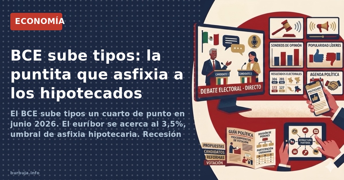 El BCE sube tipos un cuarto de punto en junio 2026. El euríbor se acerca al 3,5%, umbral de asfixia hipotecaria. Recesión anu