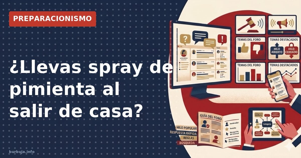 Frasco de spray de pimienta sobre una mesa junto a una linterna táctica y un teléfono móvil