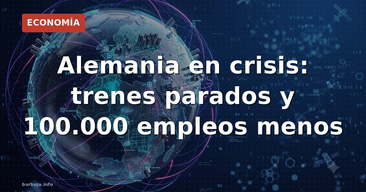 Ilustración editorial del declive económico alemán con fábrica en cuesta abajo, puentes agrietados y gráficos descendentes