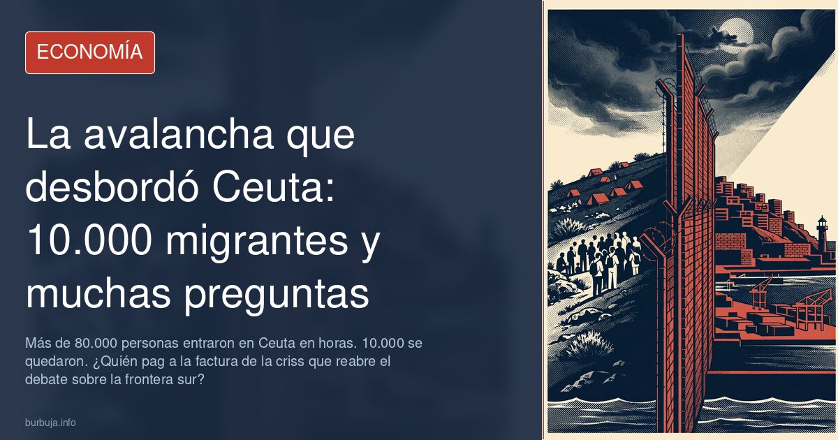 Ilustración editorial de una ciudad portuaria con su frontera desbordada y gráficos económicos en tonos azul marino y oro