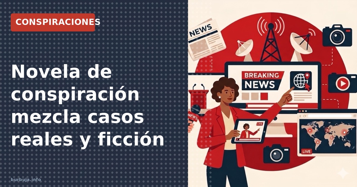 Portada de un libro de novela de clave sobre el poder español junto a recortes de prensa sobre el caso Alcàsser y desaparicio