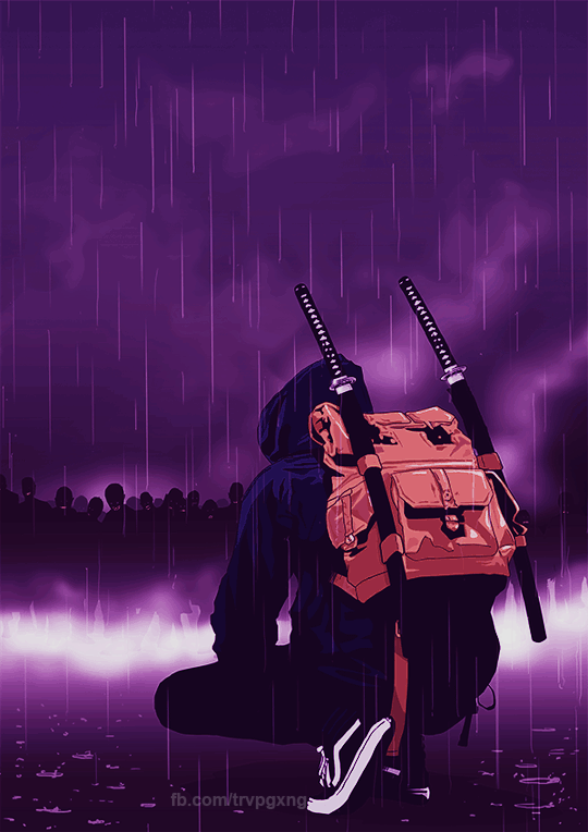TOMT][ANIME] gif of Guy with a backpack with two swords on it. He appears  to be wearing Vans shoes, and there are shadowy figures in the background,  obscured by the rain.: tipofmytongue